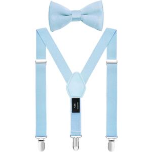 Mens' Boys' Suspenders and Bow Tie Set Adjustable Elastic (Adult size (47 inches), Light Blue)