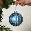 DN DECONATION 4PCS Blue Glass Christmas Ball Ornaments  4 Shimmering Silver Lines Hanging Ball Ornaments Set for Christmas Tree, Winter Decor Elegant Holiday Decorations Wedding