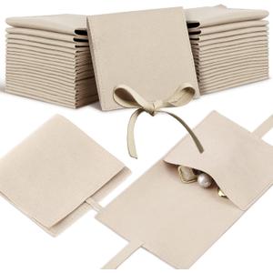 Lothee 40 Pcs Microfiber Jewelry Pouch 8x8 cm Jewelry Packaging Luxury Small Gift Bags Bow Tie Microfiber Bag for Bracelet Necklace Packaging,Envelope Style with String and Divider(Beige)