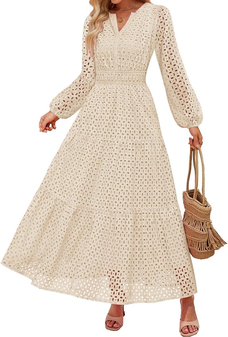 ZESICA Women's 2026 Spring Long Sleeve Maxi Dress V Neck Hollow Out Eyelet A Line Long Flowy Casual Party Dresses (Beige, L)