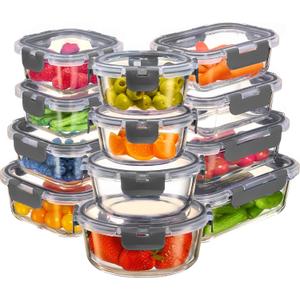FineDine 24 Piece Glass Storage Containers with Lids - Airtight, Leak Proof, Dishwasher Safe, Glass Tupper Ware Sets with Lids, Food Storage Containers, Meal Prep Containers, Gray (Grey)
