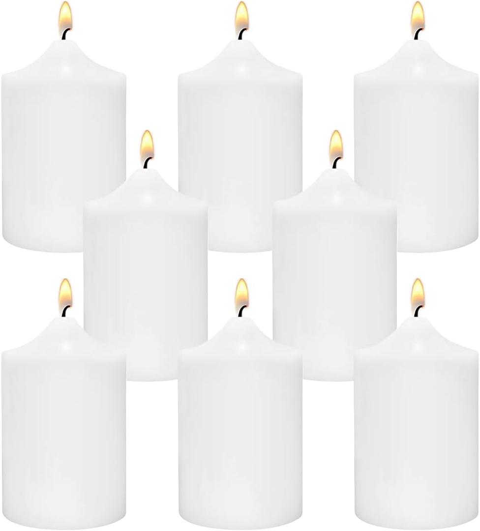 Small Unscented White Pillar Candles, 24 Hour 2x3 Inch Dripless Tapered Column Candles for Home Party Holidays, Set of 8