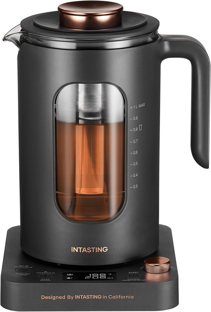 Electric Tea Kettle, INTASTING Glass Electric Kettle with tea Infuser and Precise knob temperature control, 1200W Fast Heating, BPA-Free, Easy to Clean, for Tea and coffee, 1 Liter (Dark Gray)