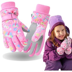 Kids Winter Gloves, Toddler Snow Glove Girls Sport Ski Mittens Snowboard Waterproof, Warm Ski Gloves for 4-6 6-8 Boys Girls (L(9-12years), Pink-RB)