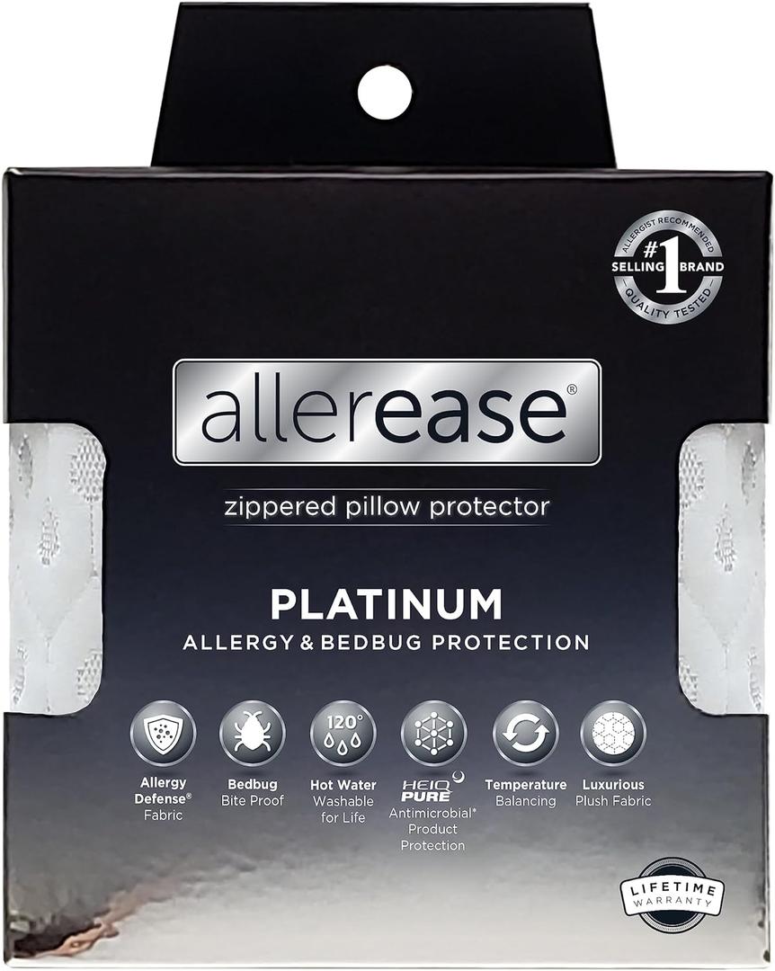 AllerEase Platinum Allergy Defense Particles Proof Temperatur Balancing Luxurious Plush Fabric Machine Washable Bedbug Bite Proof Durable Zippered Pillow Protector, Standard/Queen Size, White (Standard/Queen)