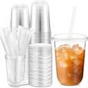 Ziliny 50 Sets Clear Plastic Cups with Lids and Straws, Disposable Iced Coffee Cups Drinking PET for Cold Drinks, Juice, Smoothie, Coffee Shops, Party, Christmas (16 oz,Clear)