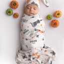 Newborn Baby Halloween Receiving Blanket Stretchy Knit Swaddle Set with Matching Headband and Beanie (Beige)