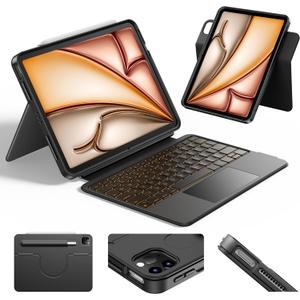 HOU iPad Air 11 Case with Keyboard (M4/M3/M2) Detachable Rotatable Magnetic Full Protection Case, 7-Color Backlight, Touchpad, Elastic Pen Holder for iPad Pro 11 (4th-1st) & Air (5/4th)Black