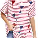 American Flag Stripe Shirts: Women 4th of July Round Neck Short Sleeve Patriotic T-Shirt Independence Day Tops (Medium, Red)