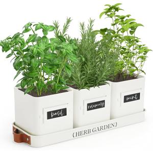 PERFNIQUE Indoor Herb Garden, Herb Planter Set with Tray, Farmhouse Indoor Plant Pots, Windowsill Herb Garden with Drainage(Planter only) for Indoor/Outdoor, Window Pots(White)