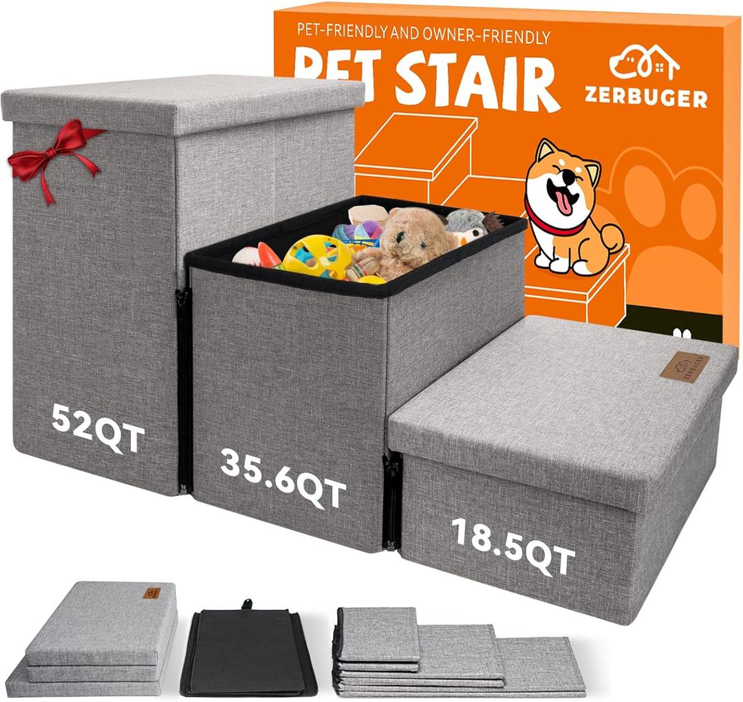 Wider Dog Stairs with Storage 18" H, 3-Step Sturdy Dog Steps for Large/Medium/Small Older Senior Dogs Cats, Folding Pet Stairs Climbing Bed or Couch, Arthritis-Friendly (Gray, No Condo)