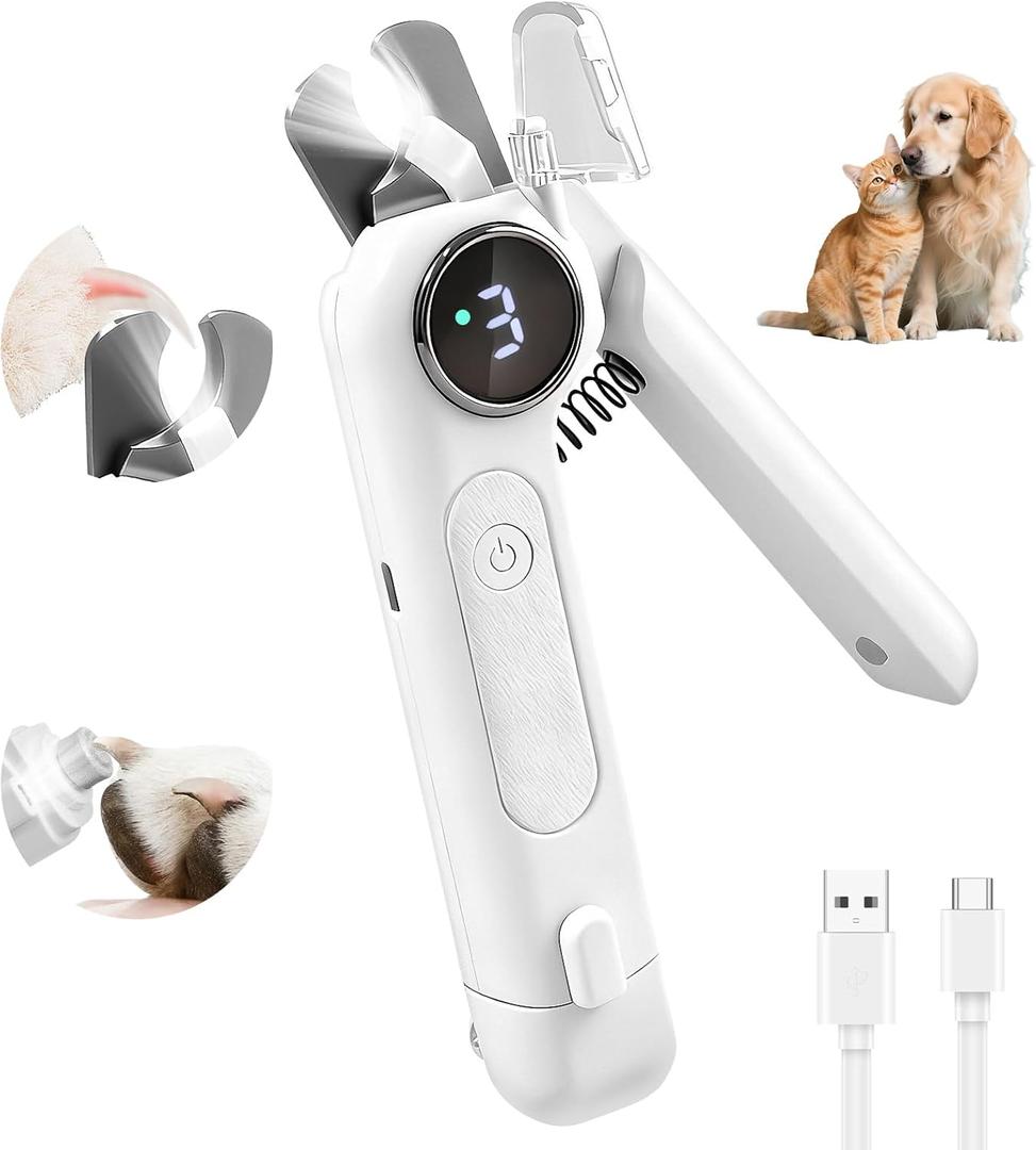 2-in-1 Dog Nail Clippers and Grinder, Electric Dog Nail Trimmer for Large Medium Small Dogs & Cats with 3 Speeds, USB Rechargeable, Quick Sensor, Splash Guard & LED Lights, Safe & Painless (White)