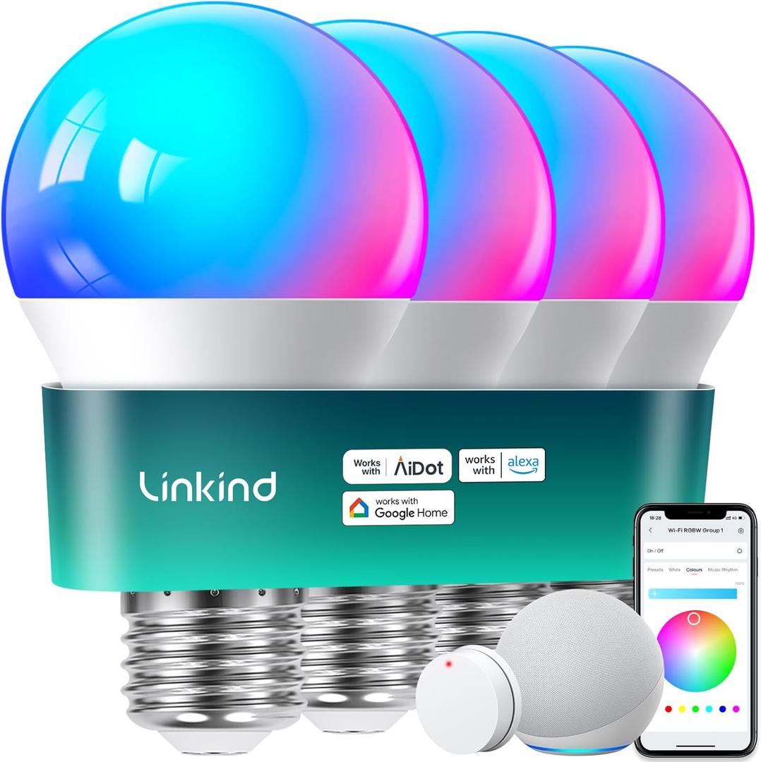 Linkind Smart Light Bulbs with Remote Control, Smart Bulb That Work with Alexa & Google Home, 16 Million Color Changing Light Bulbs 60W, A19 E26 2.4Ghz WiFi Light Dimmable,1800K-6500K,800lm 4 Pack Linkind Smart Light Bulbs with Remote Control, Smart Bulb That Work with Alexa & Google Home, 16 Million Color Changing Light Bulbs 60W, A19 E26 2.4Ghz WiFi Light Dimmable,1800K-6500K,800lm 4 Pack