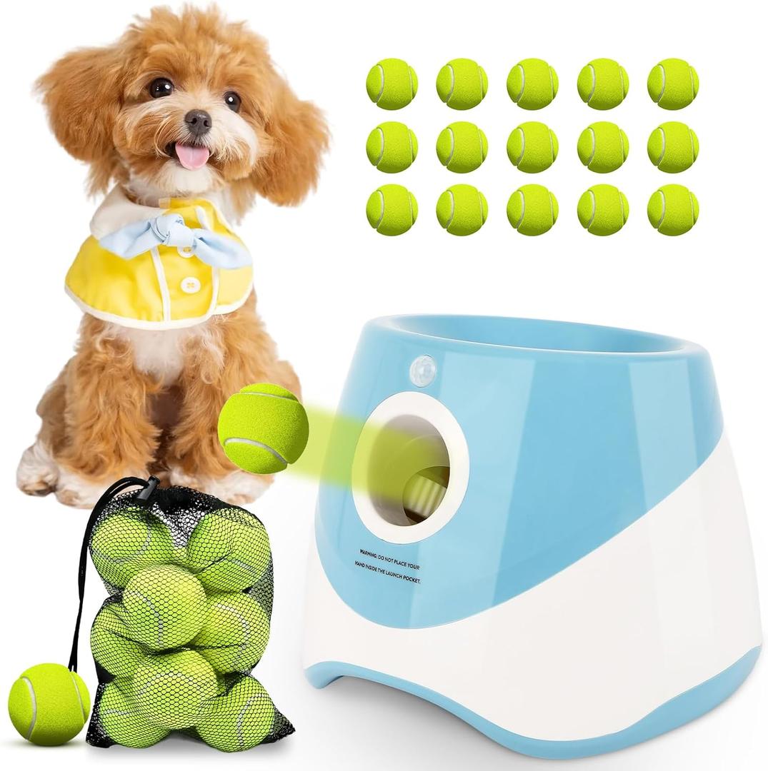 Automatic Dog Ball Launcher,Dog Ball Thrower for Small Dogs with 3 Distance Settings,15 Mini Tennis Balls Sizing 2 Inch and Mesh Bag-Blue