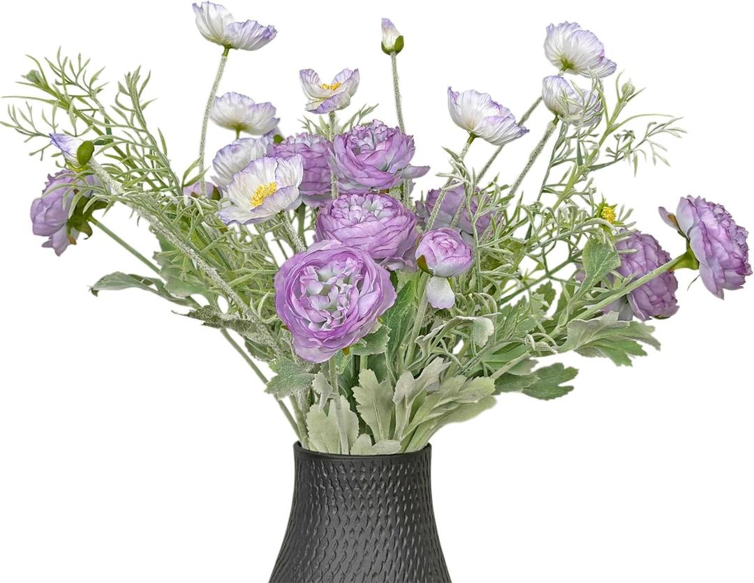 10pcs Artificial Purple Flower Bouquet for Vase, Fake Ranunculus Poppies and Daisies Stems Mixed, Silk Flowers Arrangement for Wedding Farmhouse Office Home Table Office Party Decorations