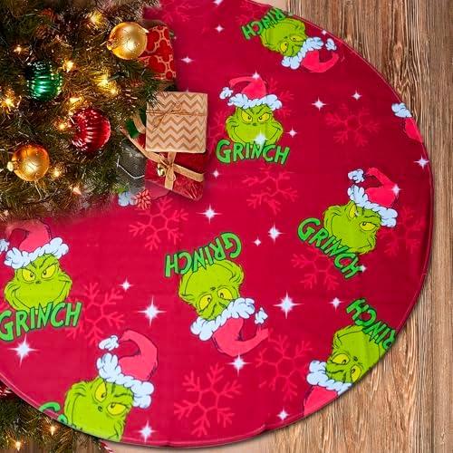 Christmas Tree Skirt 48 Inch,Large Red & Green Merry Christmas Tree Skirt Collar,Soft Farmhouse Xmas Holiday Decoration