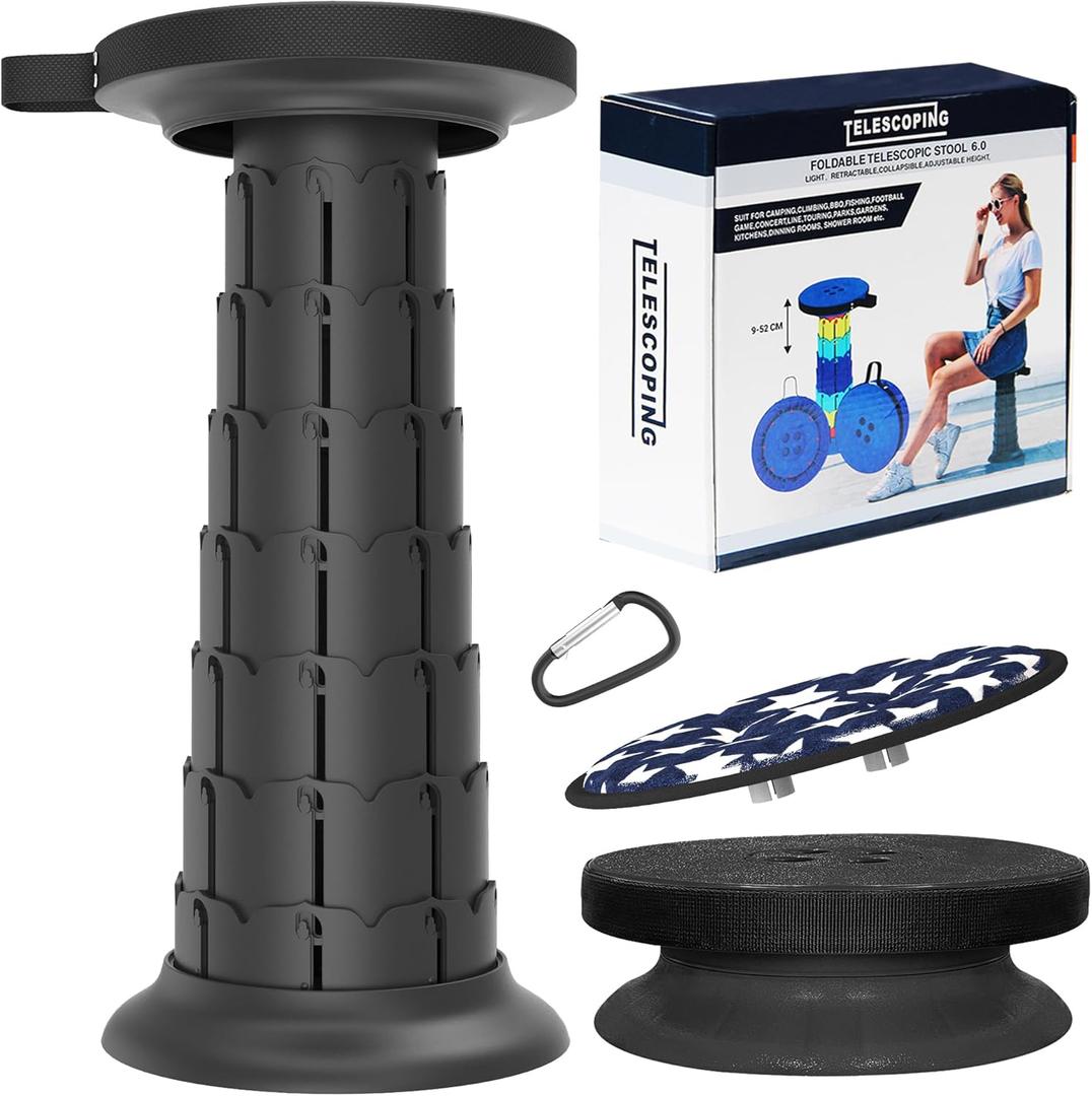 2025 Upgraded XXL Collapsible Stool with Cushion 20.4", 200Kg Max Weight, Wider & Taller Pop Up Seat, Heavy Duty Portable Retractable Folding Stool or Travel Foot Rest, Gift for Camping & Outdoors (25x25x52cm, New Black)