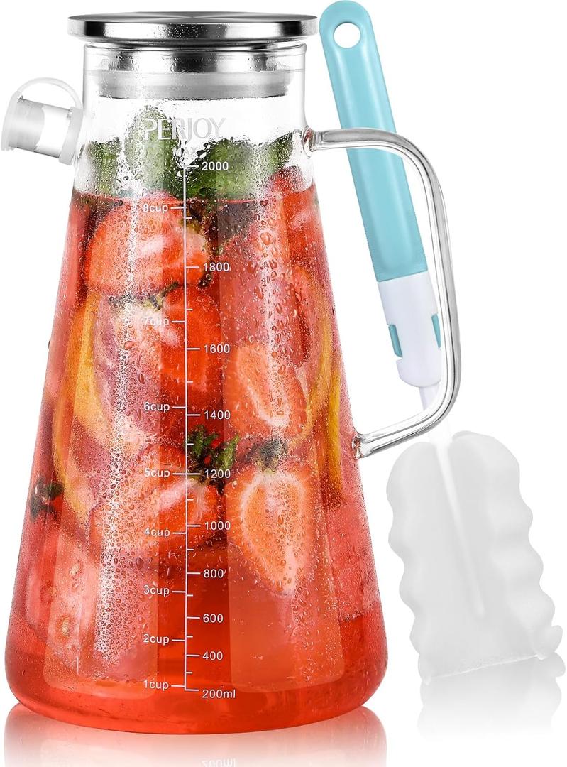 Glass Pitcher with Lid, 68 oz Leak Proof Hot/Cold Water Pitcher, Lemonade, Juice, Coffee, Sun Tea and Iced Tea Pitcher for Drinks, Borosilicate Beverage Carafe Jug
