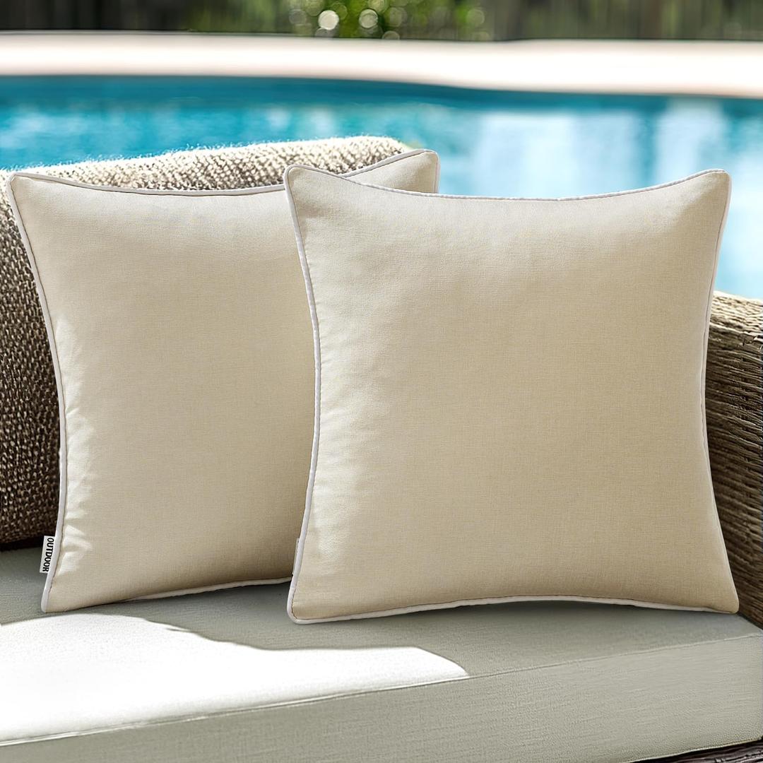 ANRODUO Set of 2 Outdoor Waterproof Pillow Covers 18x18 Inch Beige Decorative Throw Pillow Covers Linen Square Solid Color Couch Pillow Covers for Patio Tent Bed Sofa and Living Room Decor