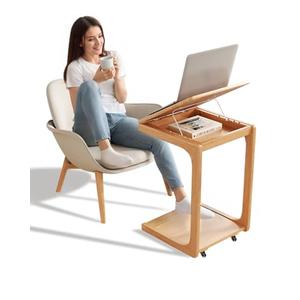 KASLANDI C Shaped Table for Couch, C Table with Wheels,Wooden Couch Table Adjustable Desktop for Living Room,Bedroom - Natural Color