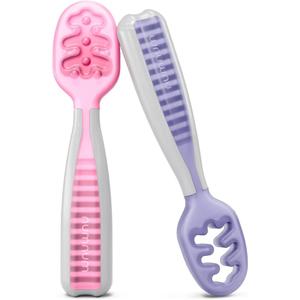 NumNum Baby Spoons Set, Baby Essentials Pre-Spoon GOOtensils for 6+ Months, First Stage Self-Feeding Spoons for Baby Led Weaning (BLW), Silicone Toddler Utensils, BPA-Free, 2 Pack Frosty Lilac/Rosebud