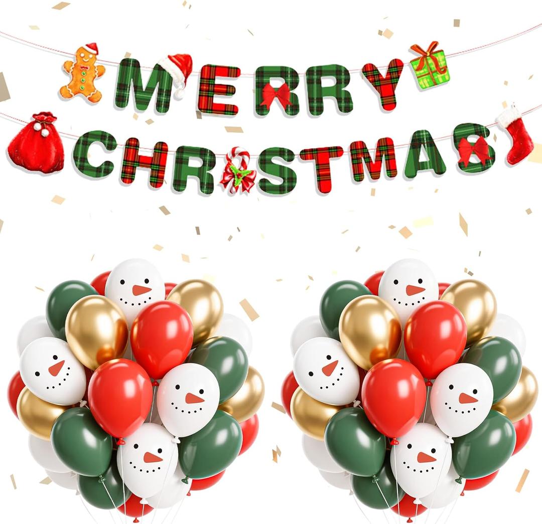 30pcs Christmas Decorations Including MERRY CHRISTMAS Banner, 12inch White Snowman and Red Green Gold Xmas Balloons Decor for Outdoor Indoor