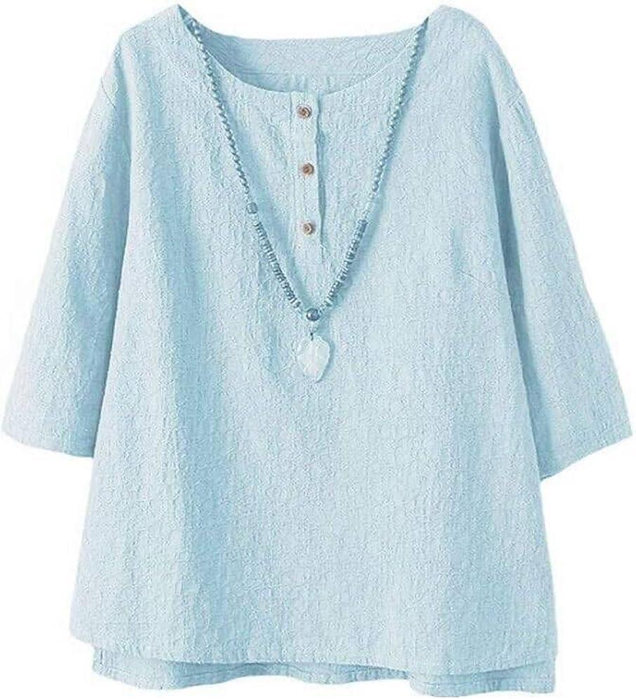 Minibee Women's 3/4 Sleeve Cotton Linen Jacquard Blouses Top T-Shirt, Size XXL
