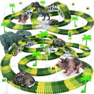 Dinosaur Toys, 252 PCS Create A Dinosaur World Road Race Tracks, Flexible Track Playset, 2pcs Dinosaur Car for 3 4 5 6 Year Old Boys Girls Birthday Party Favor Gift (Green)
