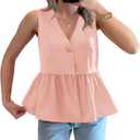 Tankaneo Womens V Neck Babydoll Tank Tops Peplum Ruffle Hem Sleeveless Shirts Summer Casual Button Down Flowy Tops Light Pink (Pink)