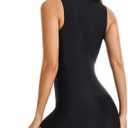 Micosuza Women's One Piece Boyleg Rash Guard Swimsuit Sleeveless Half Zipper Surfing Swimwear (Black, S)