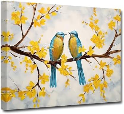 CXHOSTENT Bird Canvas Wall Art Two Couple Birds on Branch Yellow Flower Tree Pictures Prints Love Birds Painting Animal Artwork for Home Decor (Birds-1, 16.00"x24.00")