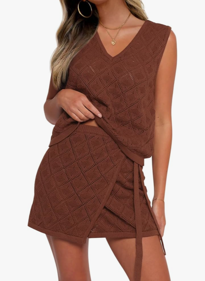 Fisoew Womens 2 Piece Crochet Swimsuit Cover Ups Sleeveless V Neck Tank Tops Wrap Skirt Sets Beach Vacation Outfits Size L