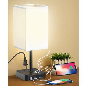 Bedside Table Lamp with Touch Control & USB C+A Charging Ports LED Desk Lamp with 2 AC Outlets, Minimalist Nightstand Light with Black Fabric Shade for Bedroom, Living Room, Office, White