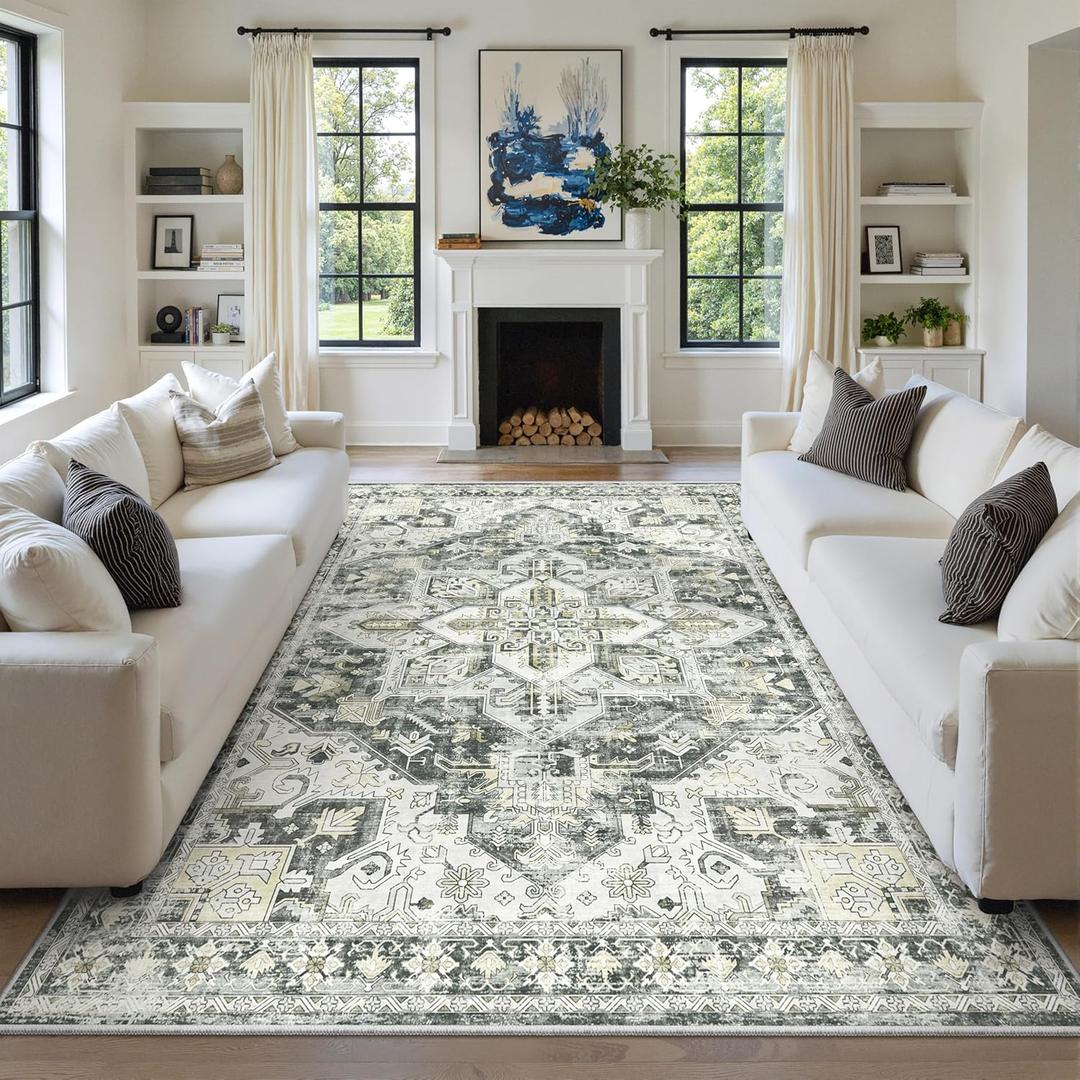 zesthome 8x10 Area Rugs-Washable Rug for Living Room, Non-Slip Backing Rugs, Stain Resistant 8x10 Rug for Bedroom, Ultra-Thin Low Pile Rugs, Vintage Large Home Decor (Grey/Beige)