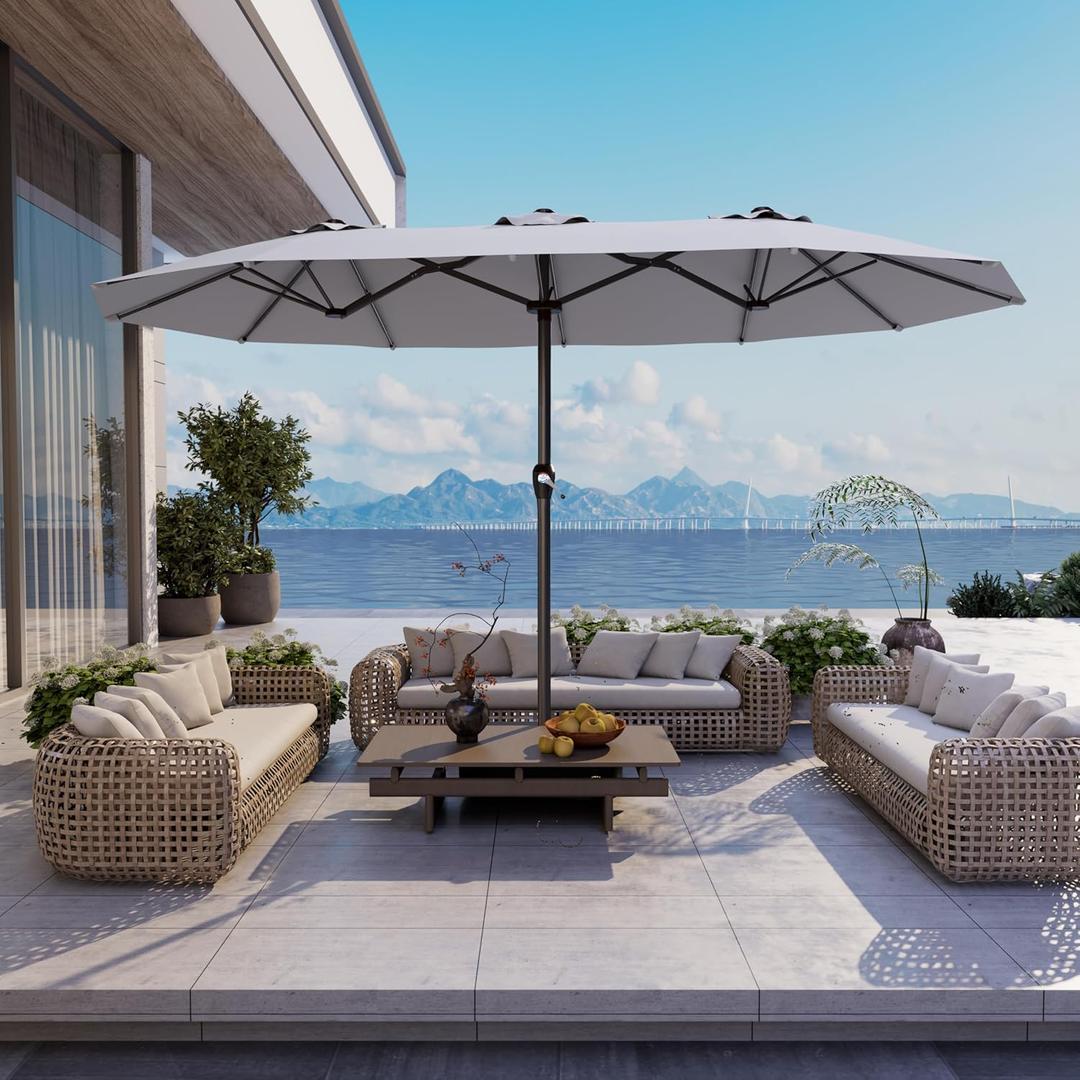15FT Large Patio Umbrella with Base Included, Double Sided Extra Large Outdoor Umbrella, Rectangular Patio Market Umbrella for Pool, Yard, Lawn Garden (Light Gray) (15*9FT)