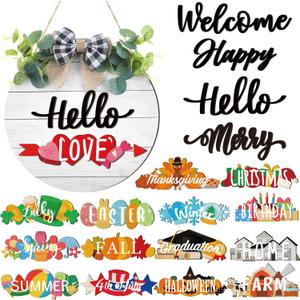 20 Pieces Interchangeable Welcome Sign for All Seasons Seasonal Front Door Decor with 4 Pcs Sign and 15 Pcs Changeable Icons Farmhouse Front Porch Rustic Holiday Wooden Door Decor(White)