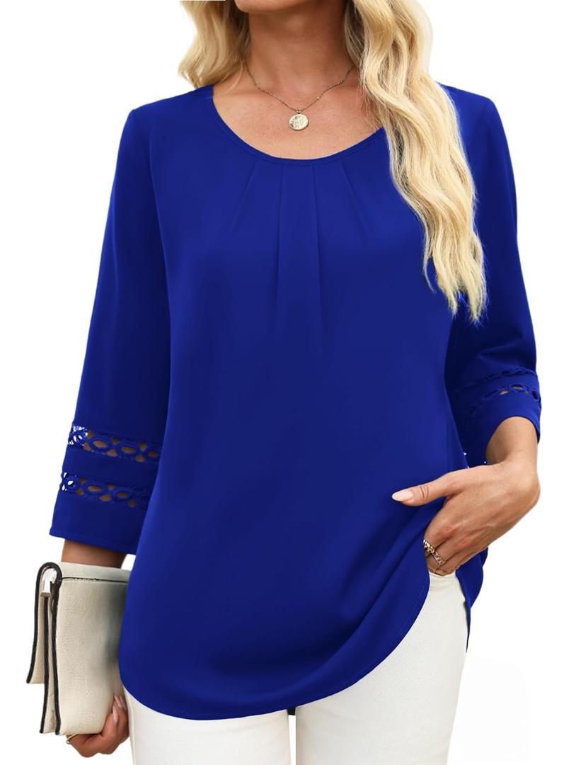 CiCiBird 3/4 Length Sleeve Womens Tops Dressy Casual Business Blouses Summer Pleated Front Shirts Royal Blue M (Blue, M)