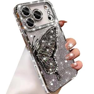 Changjia for iPhone 17 Pro Max Glitter 3D Butterfly Case,Cute Luxury Bling Sparkly Diamond Rhinestone Liquid Flowing Case with Camera Lens Protector Women Girls Cover for iPhone 17 Pro Max 6.9",Silver