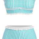 ZAFUL Womens High Waisted Bikini Sets 2 Piece Plaid Ruffle Swimsuits Back Strap Top with High Waisted Shorts Bathing Suit (Blue, M)