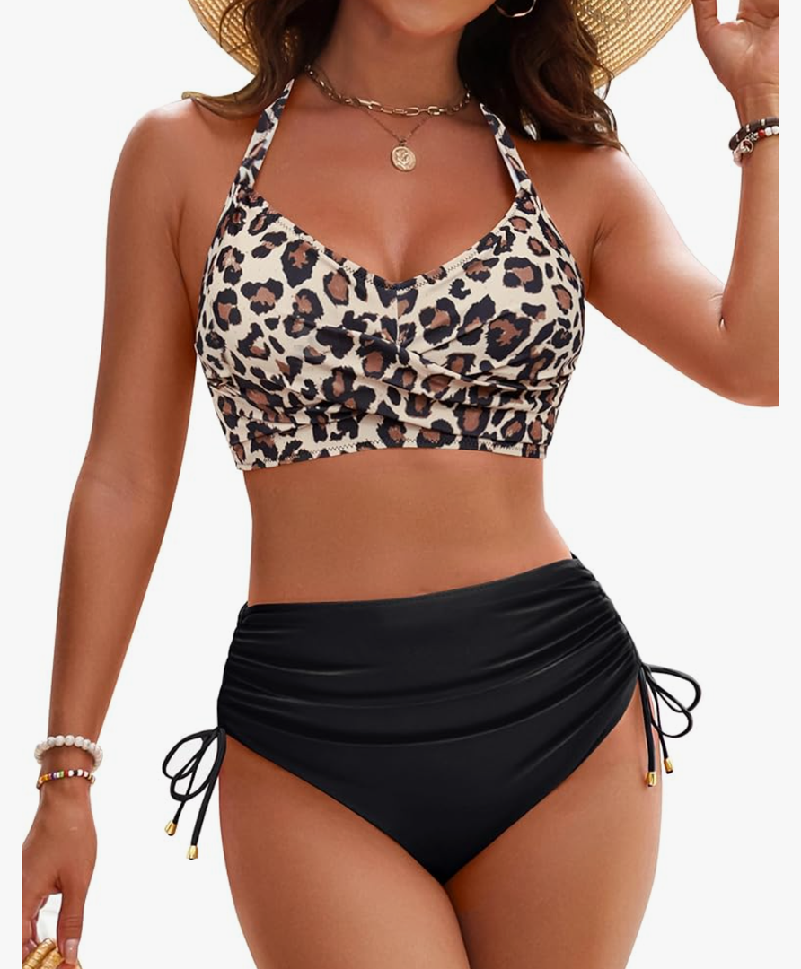 Blooming Jelly Womens High Waisted Bikini Sets Drawstring Tummy Control Swimsuits Crisscross Tie Back Bathing Suit, size Large