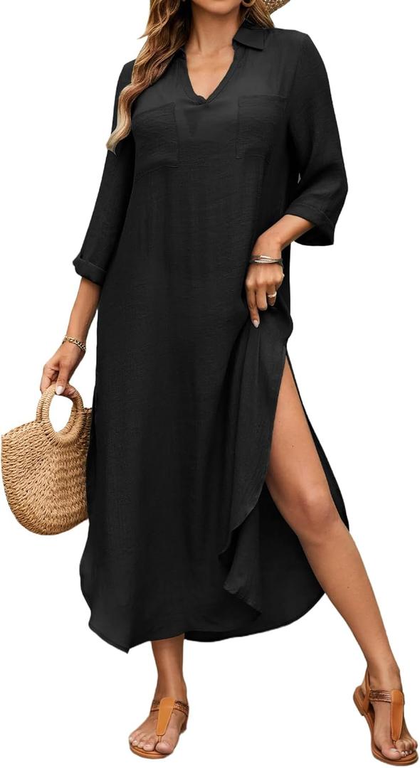 Bsubseach Womens Bathing Suit Cover Up V Neck Long Swimsuit Cover Up Beach Shirt Dress Swimwear with Pockets (XX-Large, Black)