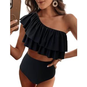 VIMPUNEC Ruffle One Shoulder Swimsuits for Women Striped High Waisted Two Piece Bathing Suits (Black, S) VIMPUNEC Ruffle One Shoulder Swimsuits for Women Striped High Waisted Two Piece Bathing Suits (Black, S)