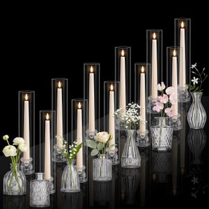 Teenyyou 12 Set Hurricane Glass Candle Holders and 12 Set Glass Bud Vases