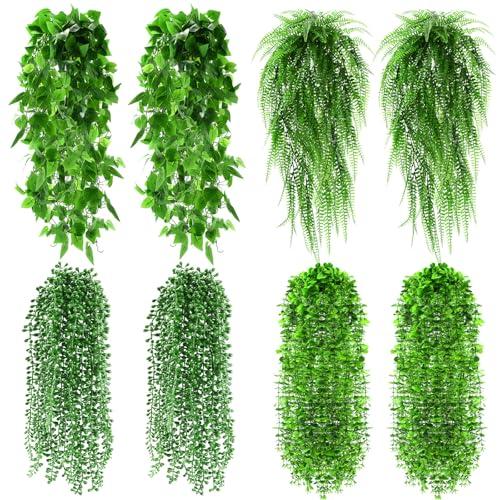 Daifunli 8 Pcs Artificial Hanging Plants Fake Hanging Ferns Plastic Faux Plants for Wall Room Garden Garland Indoor Outdoor Decor No Basket (Boston, Eucalyptus, Ivy Vine, String of Pearls)