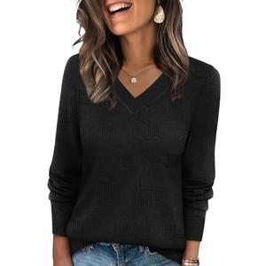 WIHOLL Fall Sweaters for Women 2026 V Neck Long Sleeve Shirts Dressy Casual Business Teacher Outfits Lightweight Pullover Sweaters Fall Fashion Clothes Black XL
