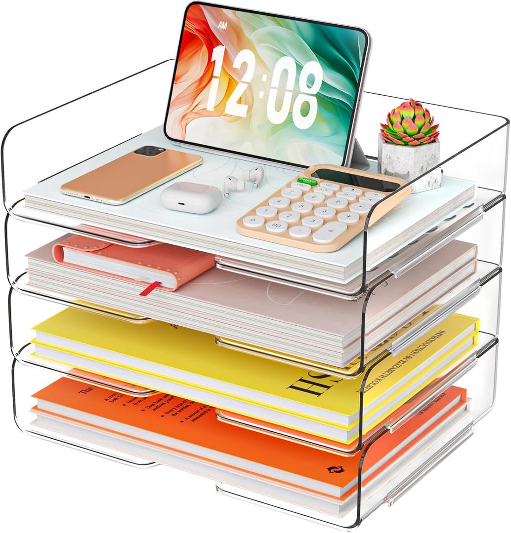 YKLSLH 4 Trays Paper Organizer Letter Tray - Acrylic Desk File Organizer, Stackable Clear Paper Holder Sorter Office Organizer for Letter/A4, Office File Ipad Books Notes Etc (4 Tier-horizontal)