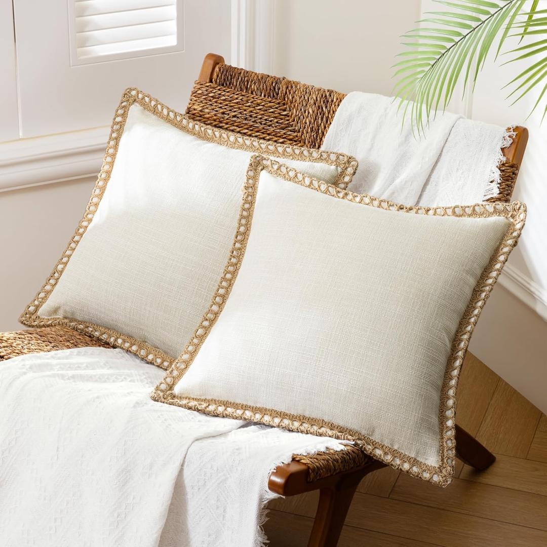 Phantoscope Pack of 2 Farmhouse Decorative Solid Throw Decorative Pillow Cover Burlap Linen Trimmed Tailored Edges Off White 24 x 24 inches, 60 x 60 cm
