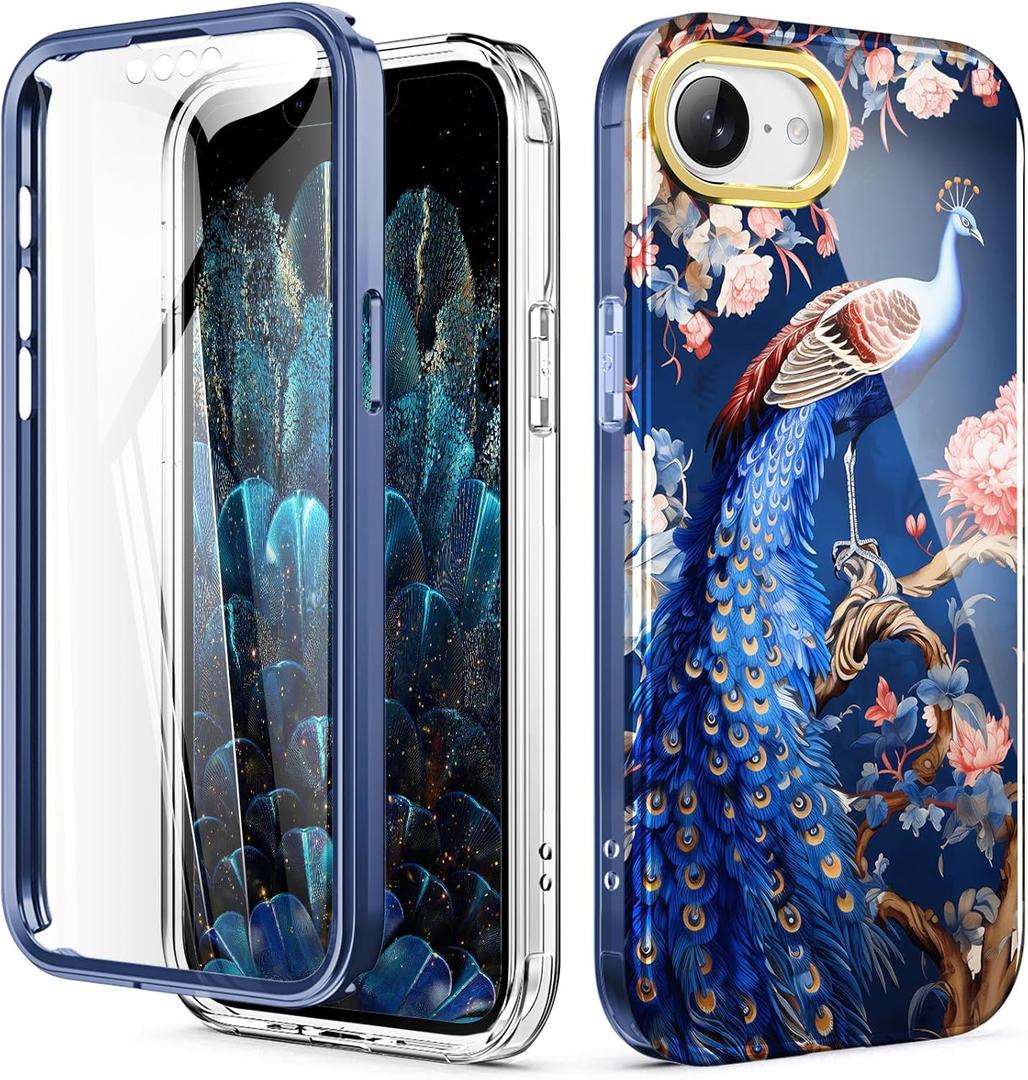 Cute Flower Case for iPhone 16e 6.1 inch Built with Screen Protector, Lightweight and Stylish Full Body Shockproof Protective Rugged TPU Case for Women/Girls-Peafowl