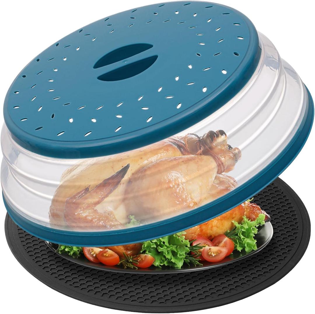WENWELL 12 Inchs Microwave Splatter Cover & Silicone Mat, Large Vented Collapsible Guard dish Plate lid & Round Kitchen mat for food