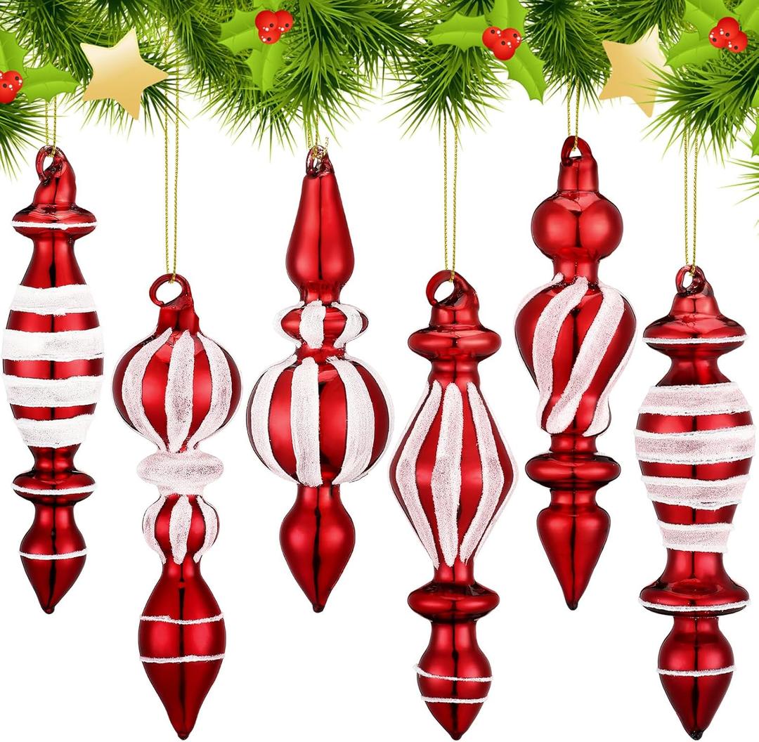 6 Pcs Red and White Glass Finial Christmas Ornaments Candy Cane Striped Glass Drop Hanging Ornaments Peppermint Christmas Tree Decorations for Holiday Xmas Tree Party Decorations